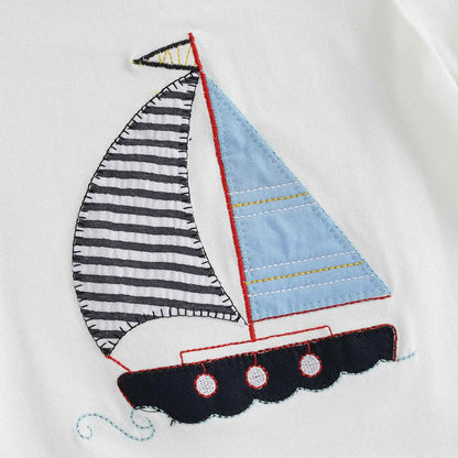 Cotton Sailboat Applique White Tee & Striped Shorts Set