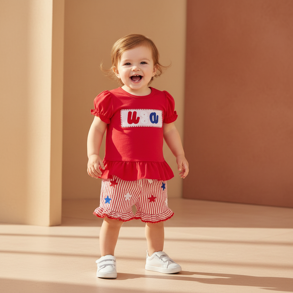 USA Ruffle Sleeve Top & Star Applique Shorts Set