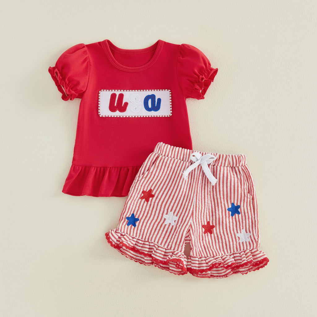 USA Ruffle Sleeve Top & Star Applique Shorts Set