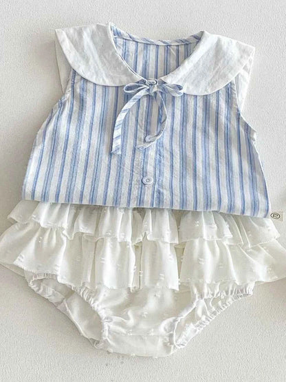 100% Cotton Striped Collar Top & Ruffle Bloomer Set With Pearl Bag