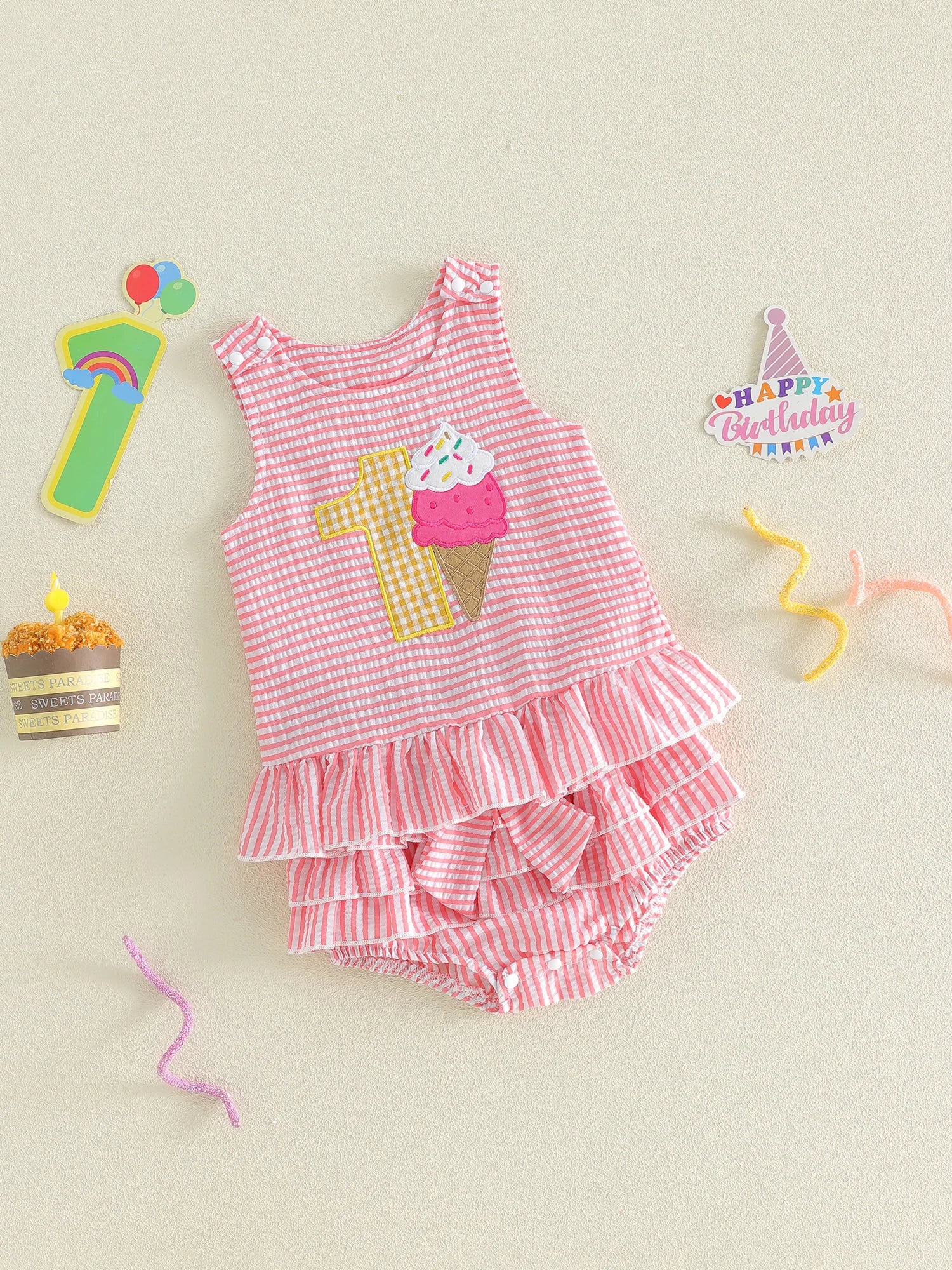Pink Stripe Ice Cream Number One Top & Ruffled Bloomer Set