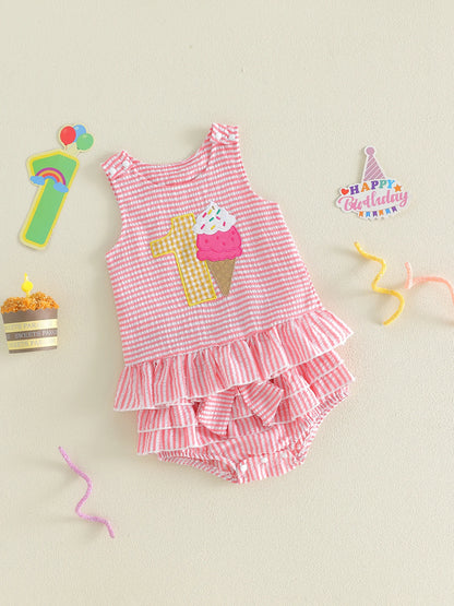Pink Stripe Ice Cream Number One Top & Ruffled Bloomer Set