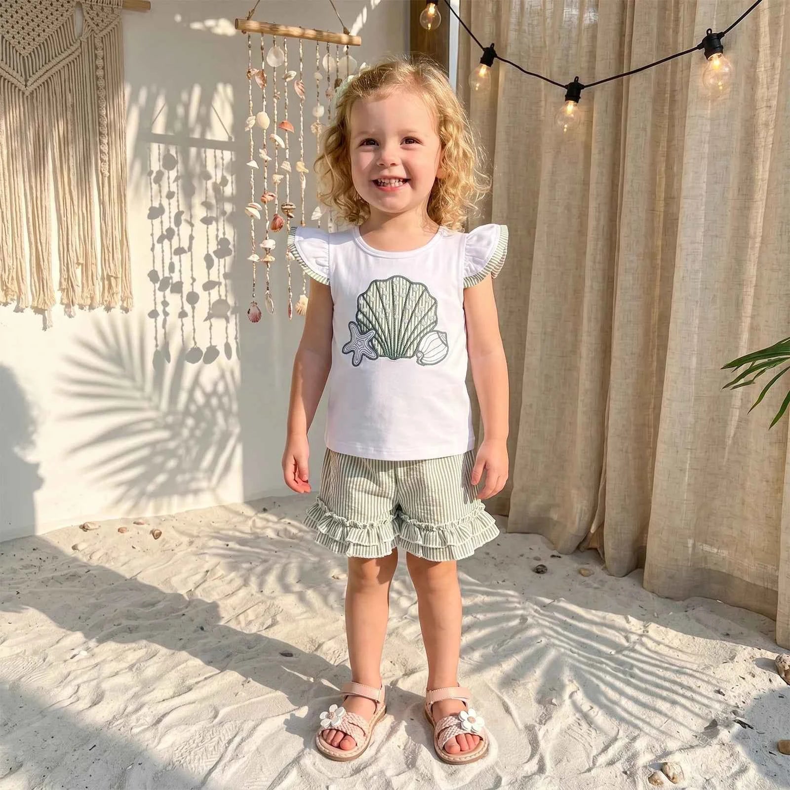 Cotton Seashell Embroidered Top & Striped Ruffle Shorts Set