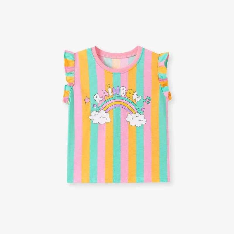 100% Cotton Unicorn Rocket Tee, Rainbow Striped Ruffle Sleeve Top & Shorts 3-Pack Set