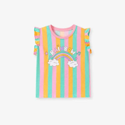 100% Cotton Unicorn Rocket Tee, Rainbow Striped Ruffle Sleeve Top & Shorts 3-Pack Set