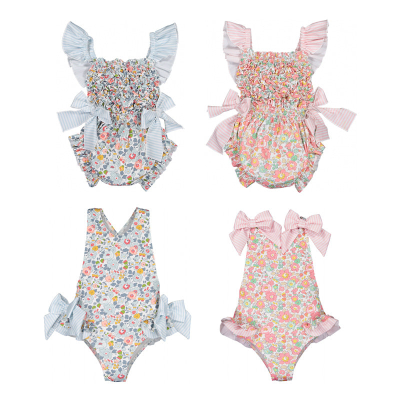 Floral Ruffle Swimsuits With Striped Bow & Sleeve Detail