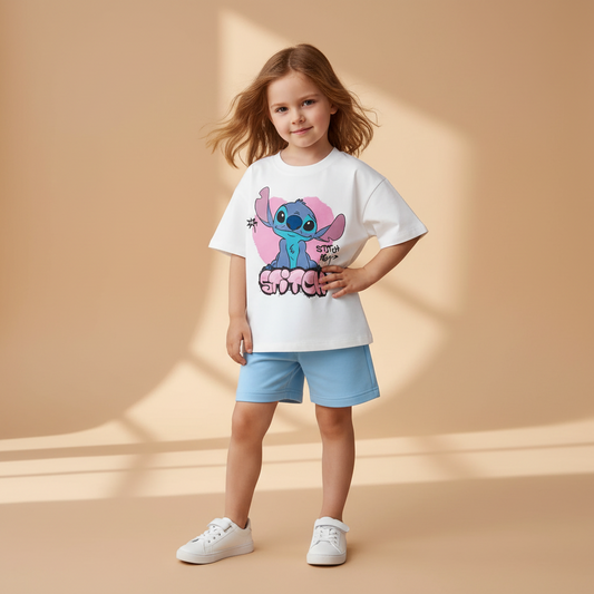 Cotton Stitch Summer Tee & Shorts Set With Cartoon Print