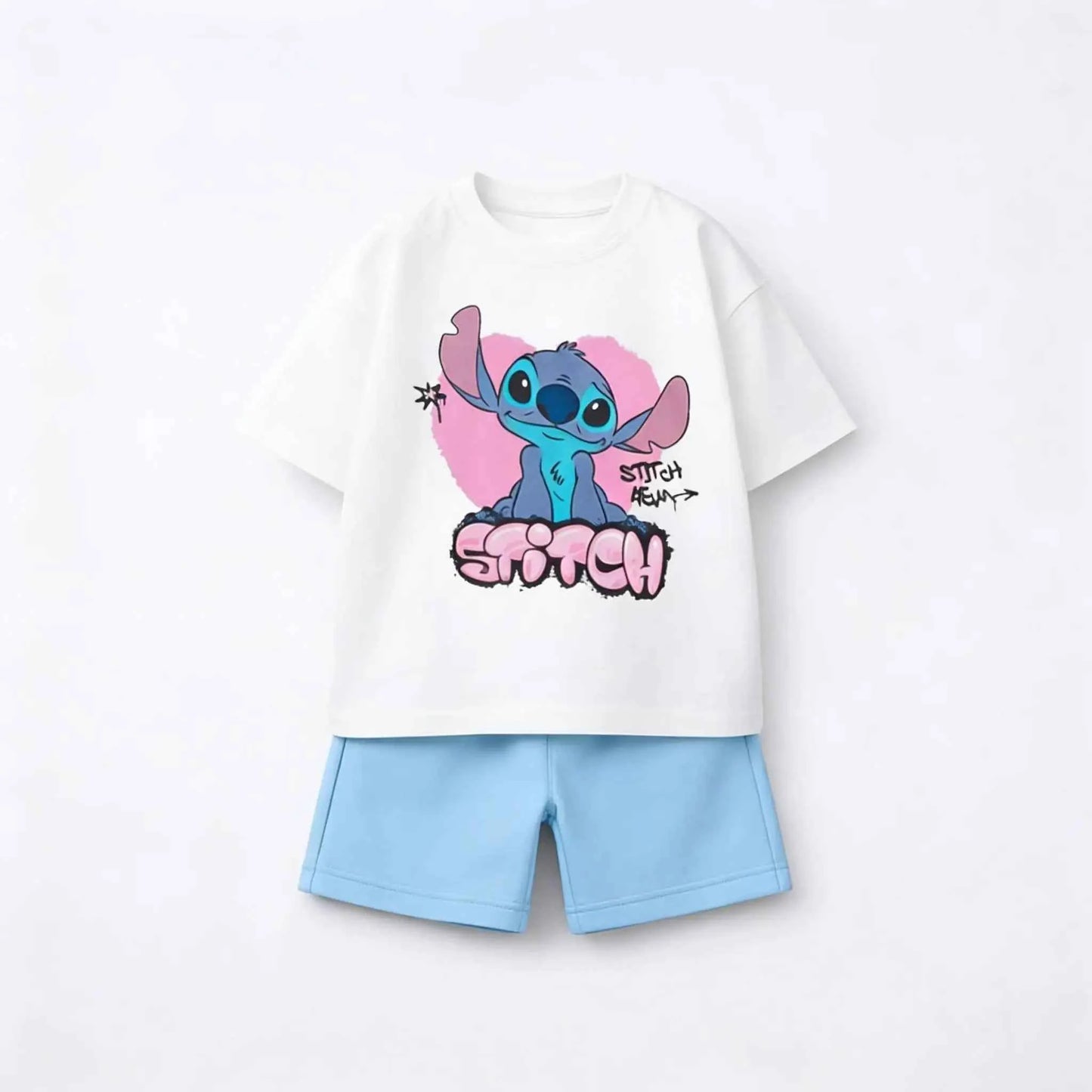 Cotton Stitch Summer Tee & Shorts Set With Cartoon Print