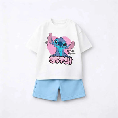 Cotton Stitch Summer Tee & Shorts Set With Cartoon Print