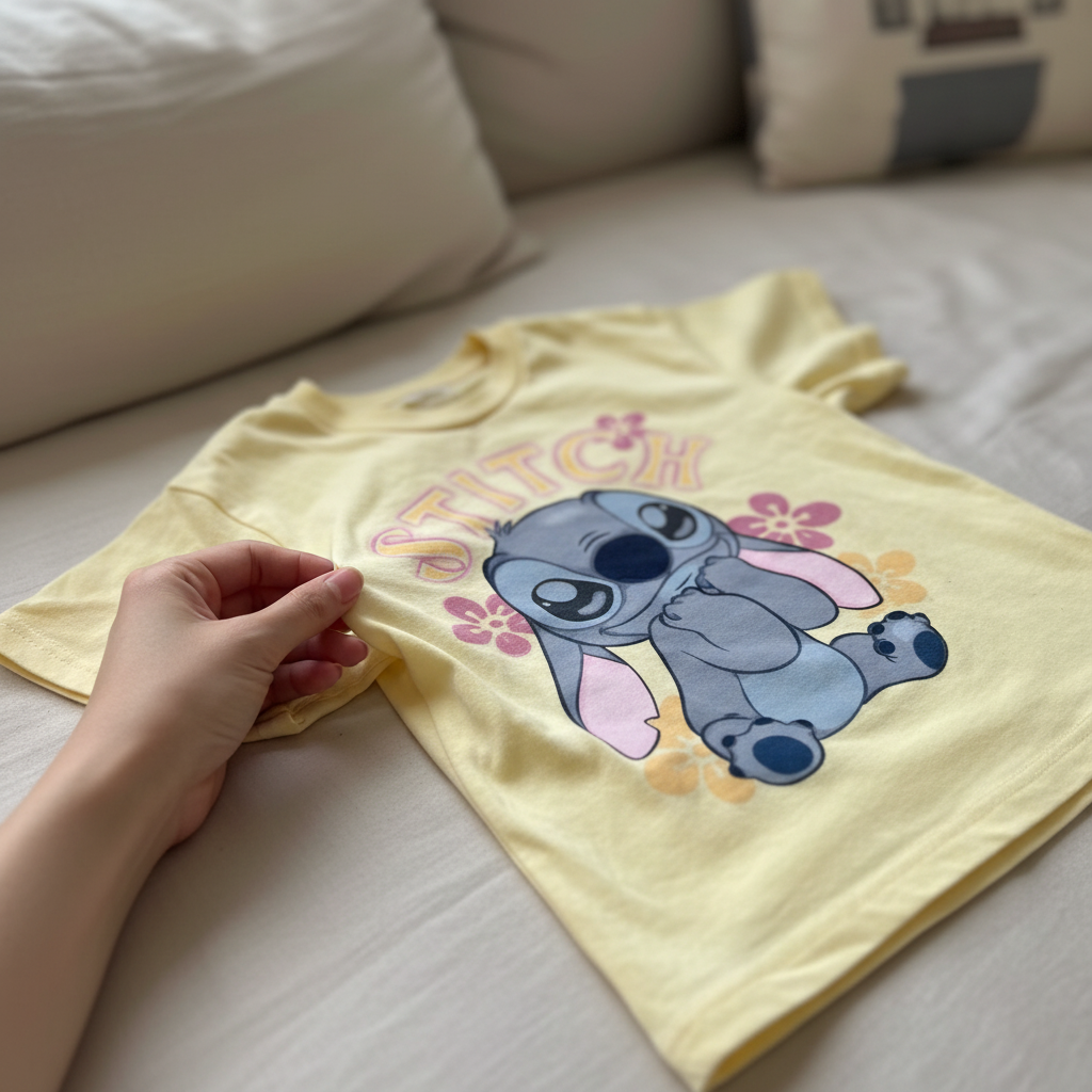 Cotton Stitch Cartoon Print Pastel & White Cotton Tees Set