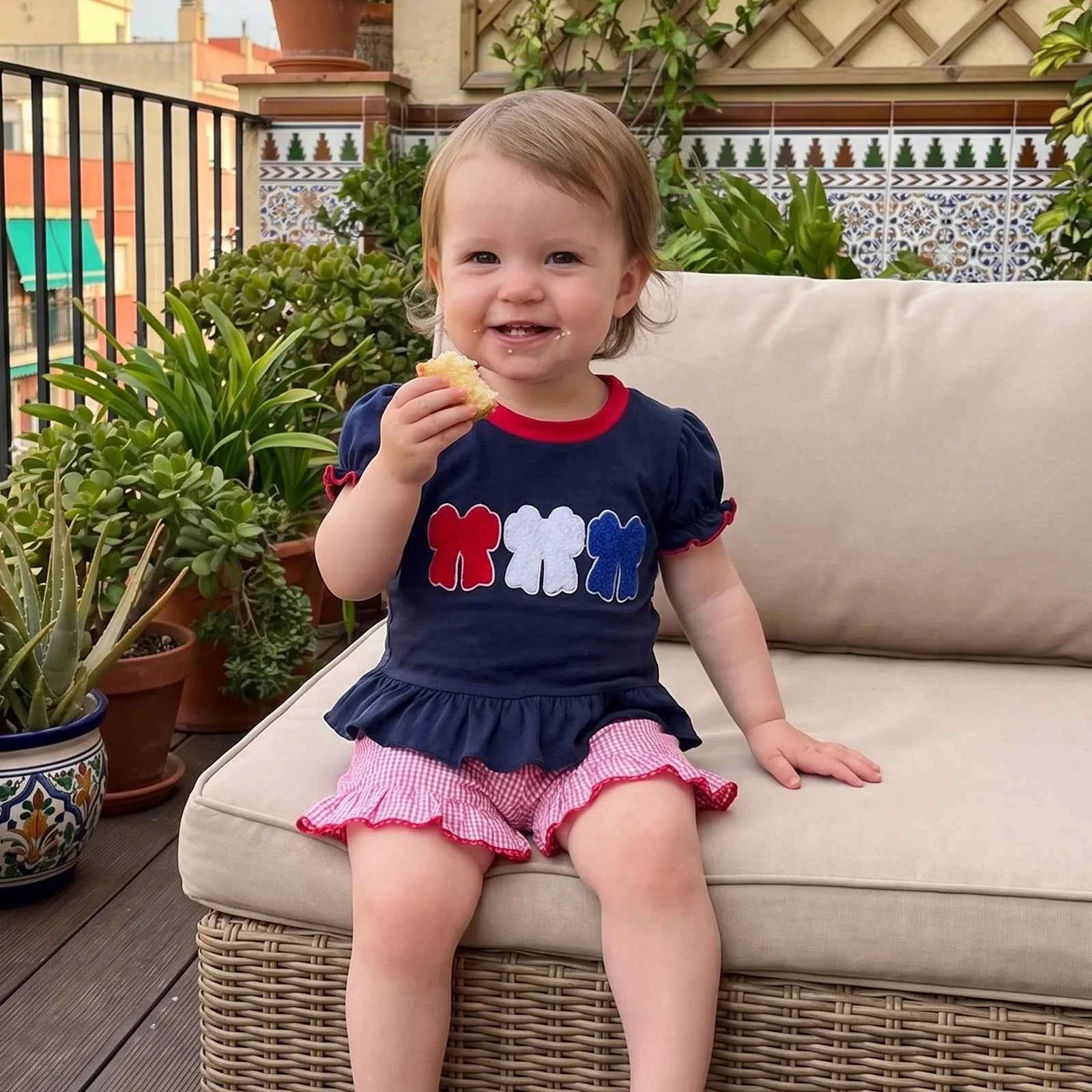 Cotton Applique Top & Gingham Shorts Set