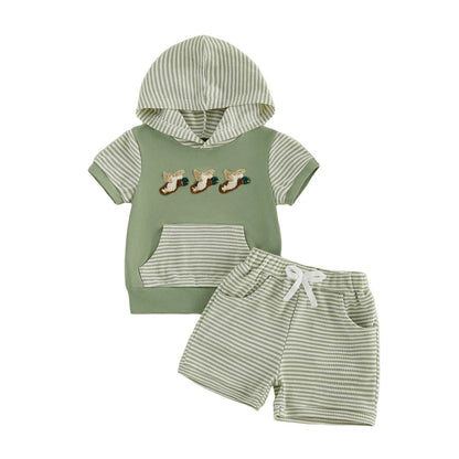 Cotton Striped Hooded Tee & Shorts Set With Duck Embroidery