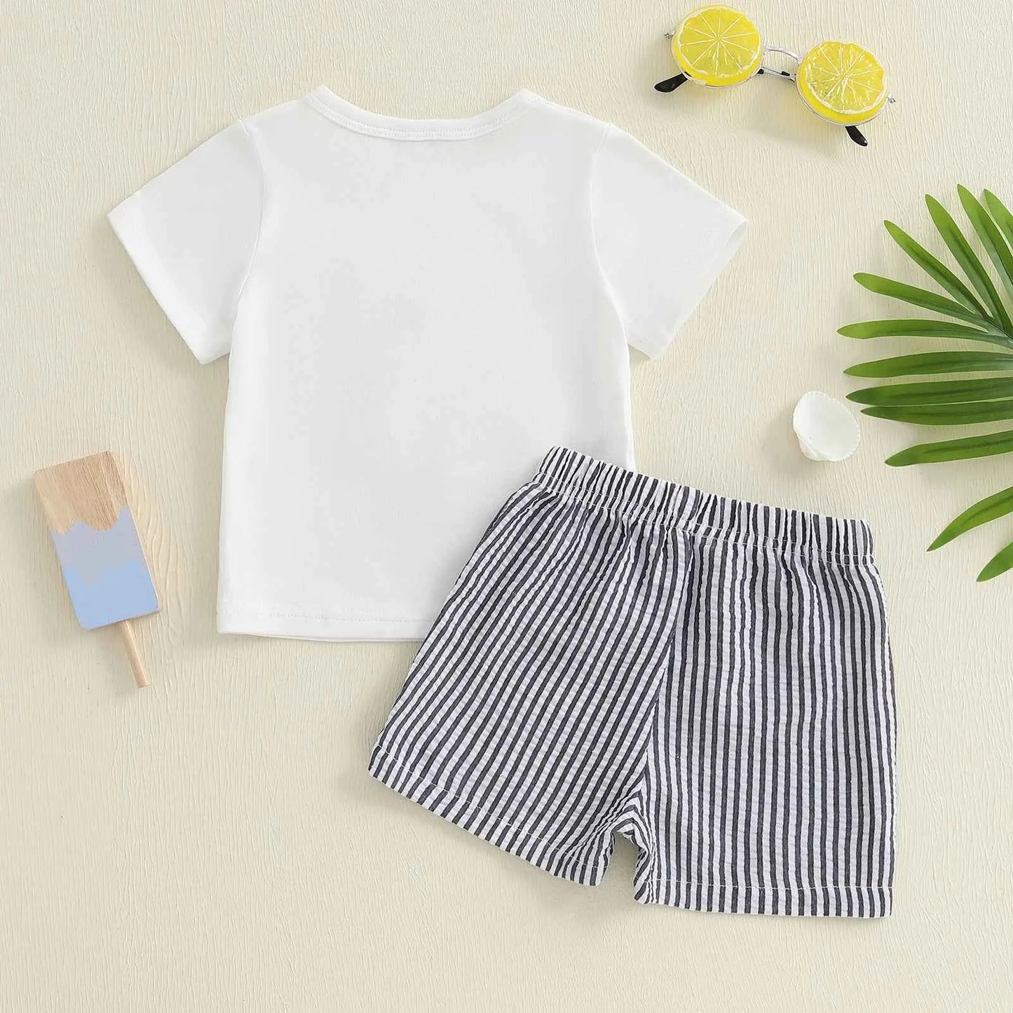 Cotton Sailboat Applique White Tee & Striped Shorts Set