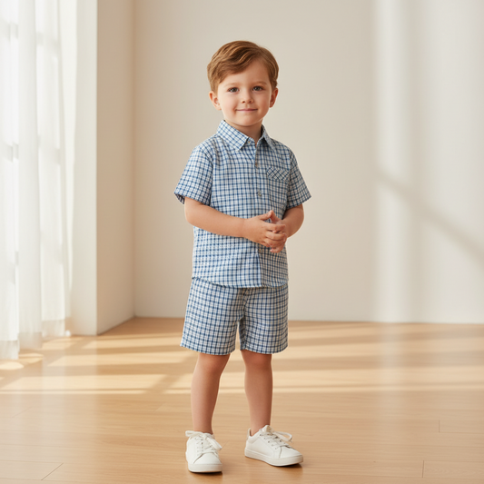 100% Cotton Checkered Shirt & Shorts Set