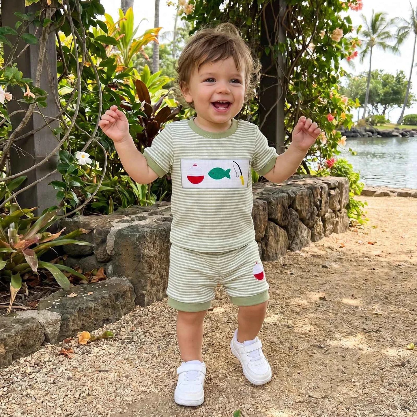 Cotton Striped Fishing Rod Tee & Shorts Set Green
