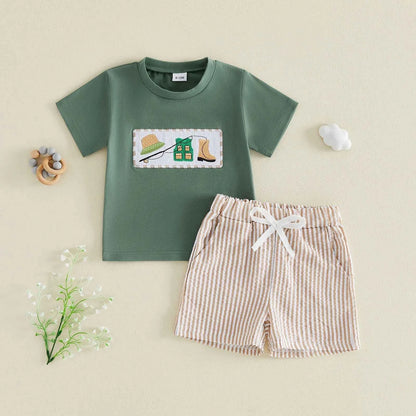 Cotton Green Fishing Motif Tee & Beige Striped Drawstring Shorts Set