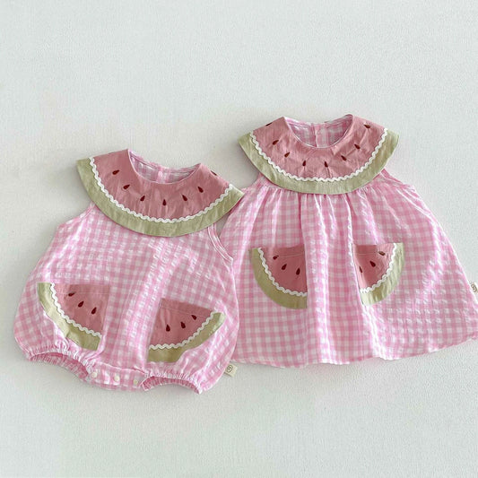 Cotton Pink Watermelon Gingham Romper/Dress