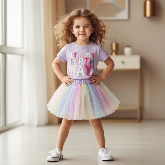 Cotton Birthday Lavender Tee & Pastel Rainbow Tulle Skirt