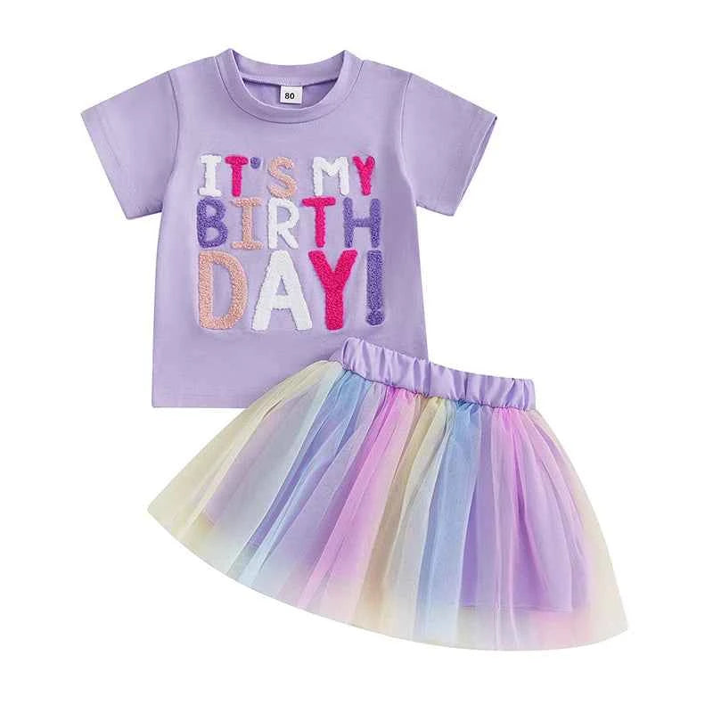 Cotton Birthday Lavender Tee & Pastel Rainbow Tulle Skirt