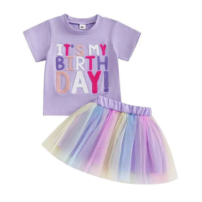 Cotton Birthday Lavender Tee & Pastel Rainbow Tulle Skirt