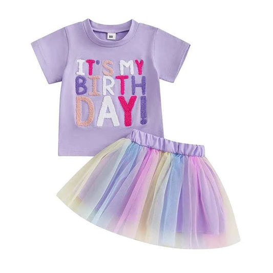 Cotton Birthday Lavender Tee & Pastel Rainbow Tulle Skirt