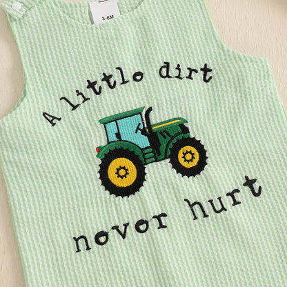 Cotton Green Seersucker Tractor Romper With Snap Button Closures