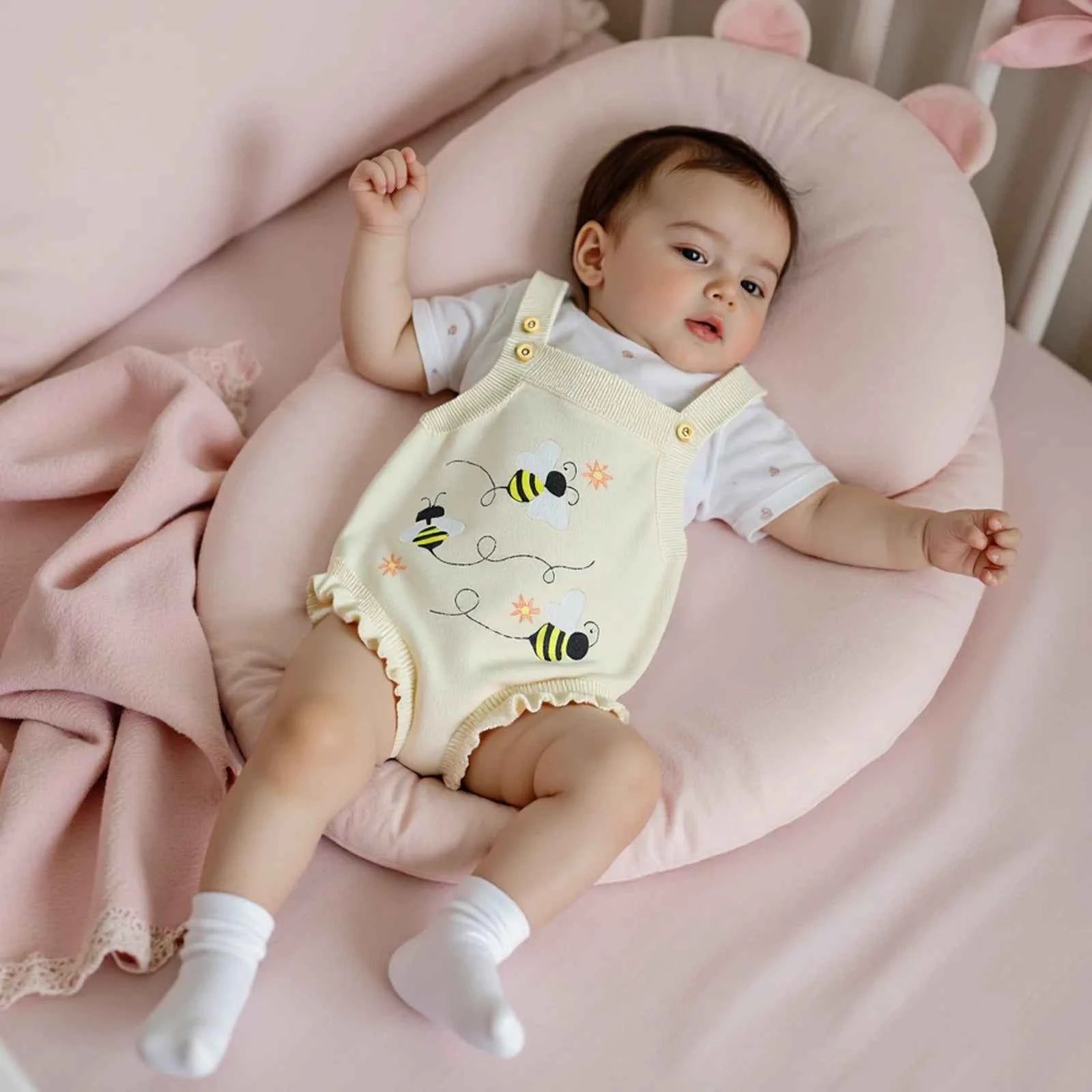 Knitted Floral Bee & Watermelon Rompers Set