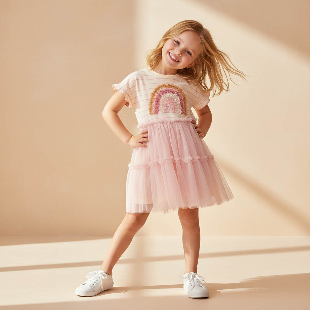 100% Cotton Striped Rainbow Applique Tulle Skirt Dress