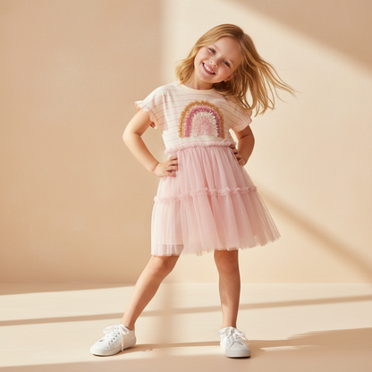 100% Cotton Striped Rainbow Applique Tulle Skirt Dress
