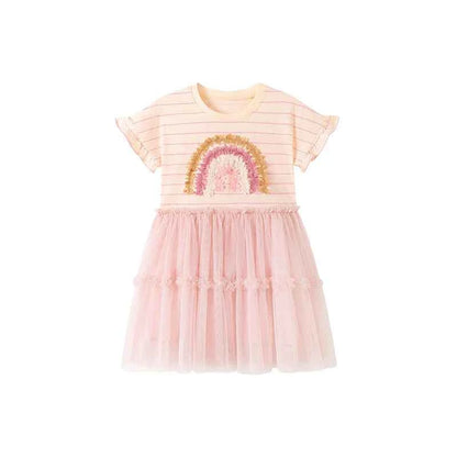 100% Cotton Striped Rainbow Applique Tulle Skirt Dress