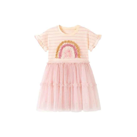 100% Cotton Striped Rainbow Applique Tulle Skirt Dress