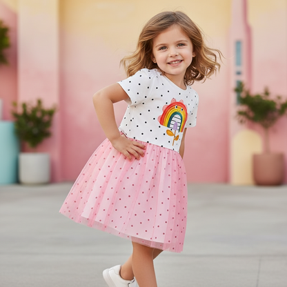100% Cotton Polka Dot Rainbow Flower Mesh Dress