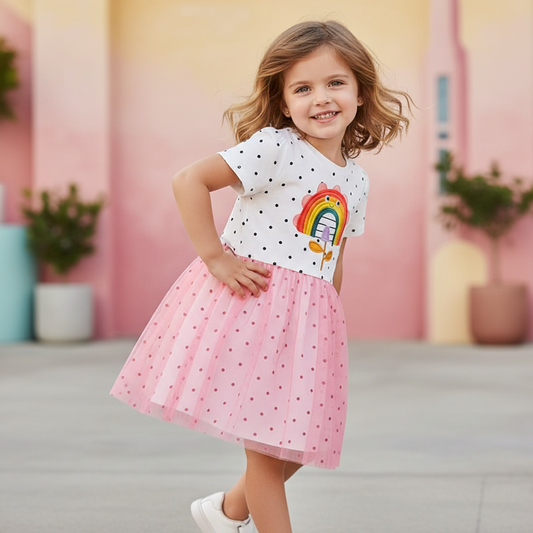 100% Cotton Polka Dot Rainbow Flower Mesh Dress