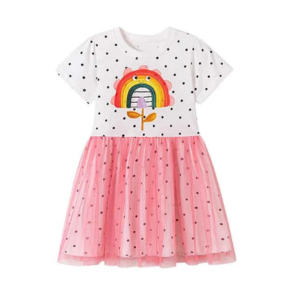 100% Cotton Polka Dot Rainbow Flower Mesh Dress