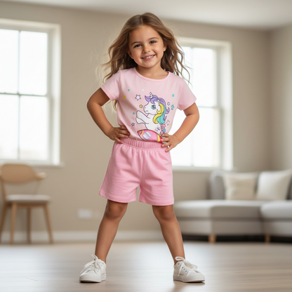 100% Cotton Unicorn Rocket Tee, Rainbow Striped Ruffle Sleeve Top & Shorts 3-Pack Set
