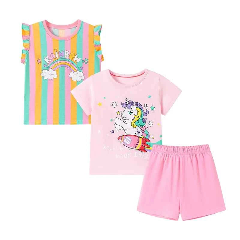 100% Cotton Unicorn Rocket Tee, Rainbow Striped Ruffle Sleeve Top & Shorts 3-Pack Set