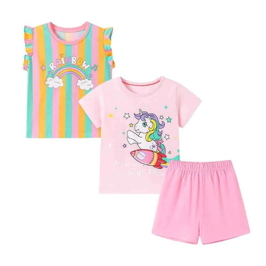 100% Cotton Unicorn Rocket Tee, Rainbow Striped Ruffle Sleeve Top & Shorts 3-Pack Set