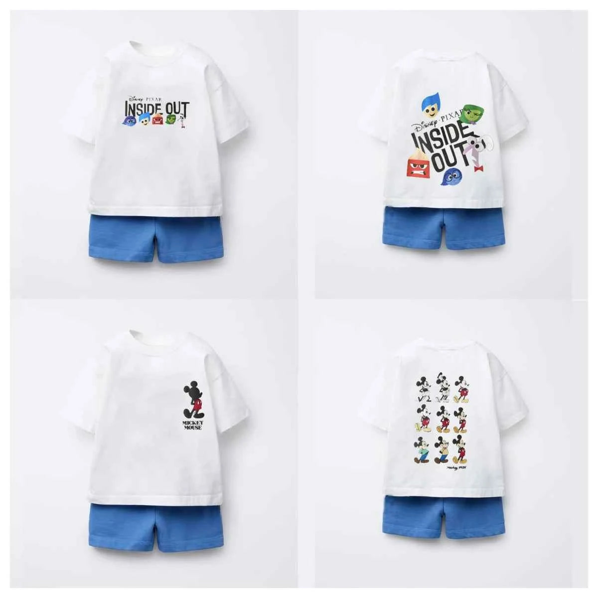 Cotton Inside Out & Mickey Mouse White Tshirts With Blue Shorts Set