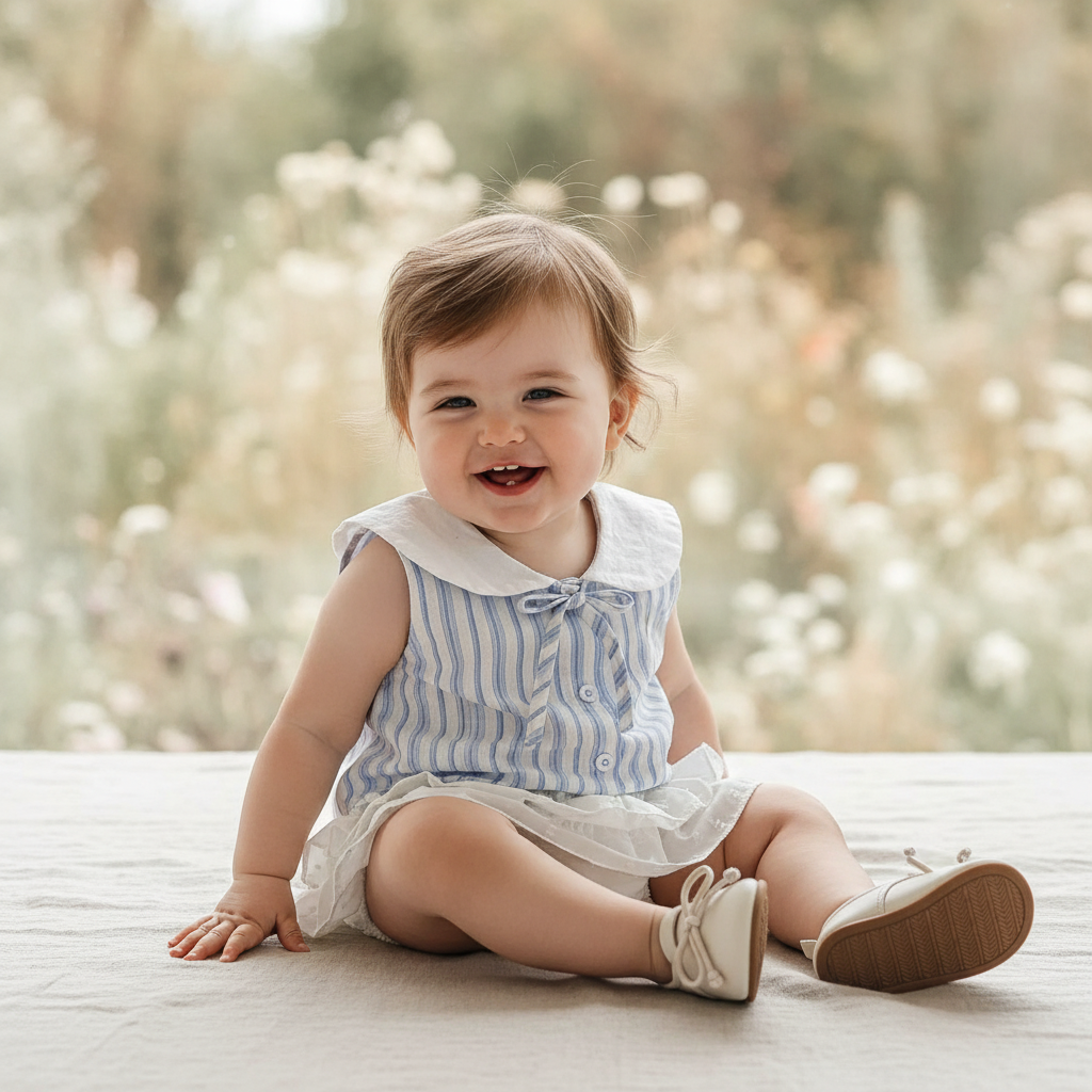 100% Cotton Striped Collar Top & Ruffle Bloomer Set With Pearl Bag
