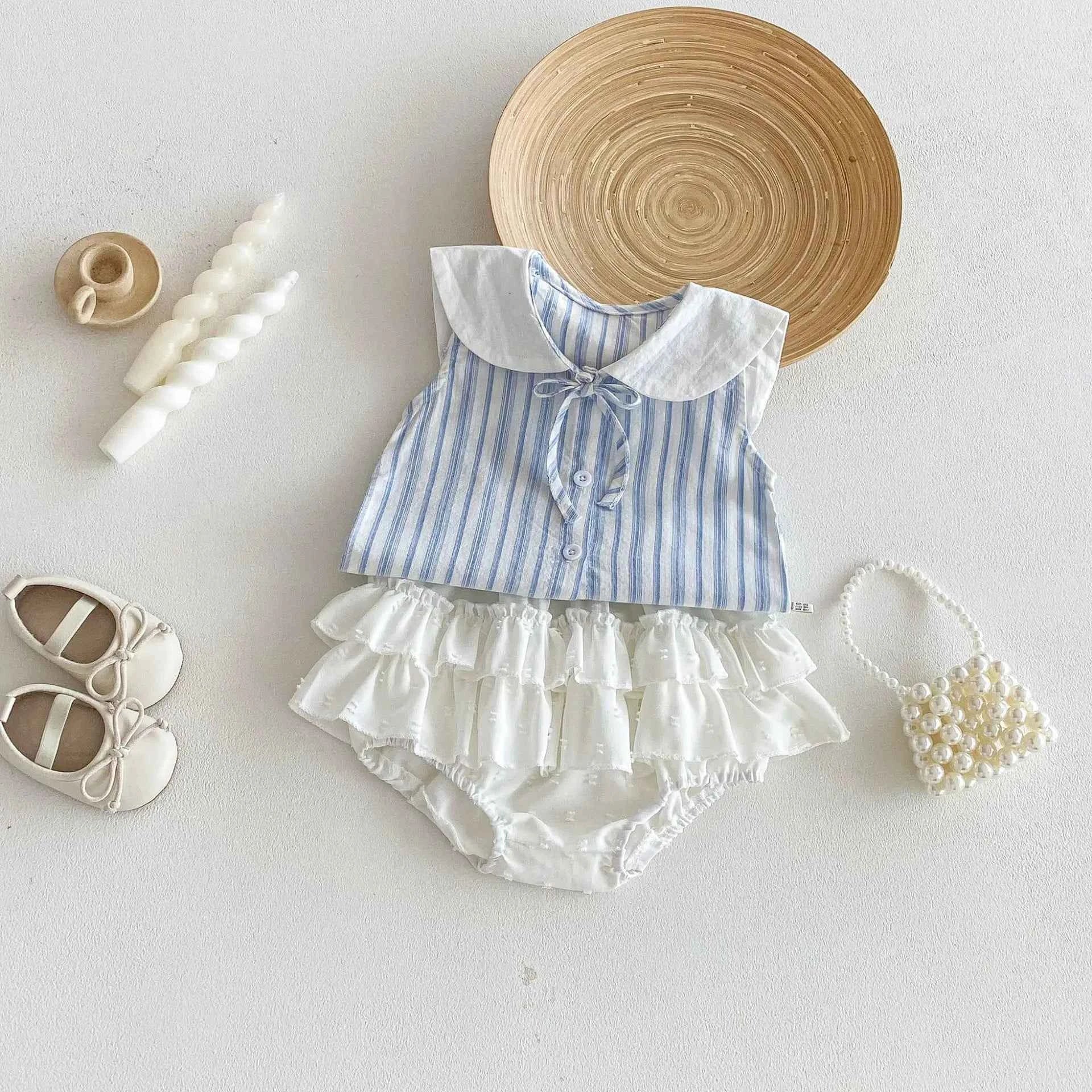 100% Cotton Striped Collar Top & Ruffle Bloomer Set With Pearl Bag
