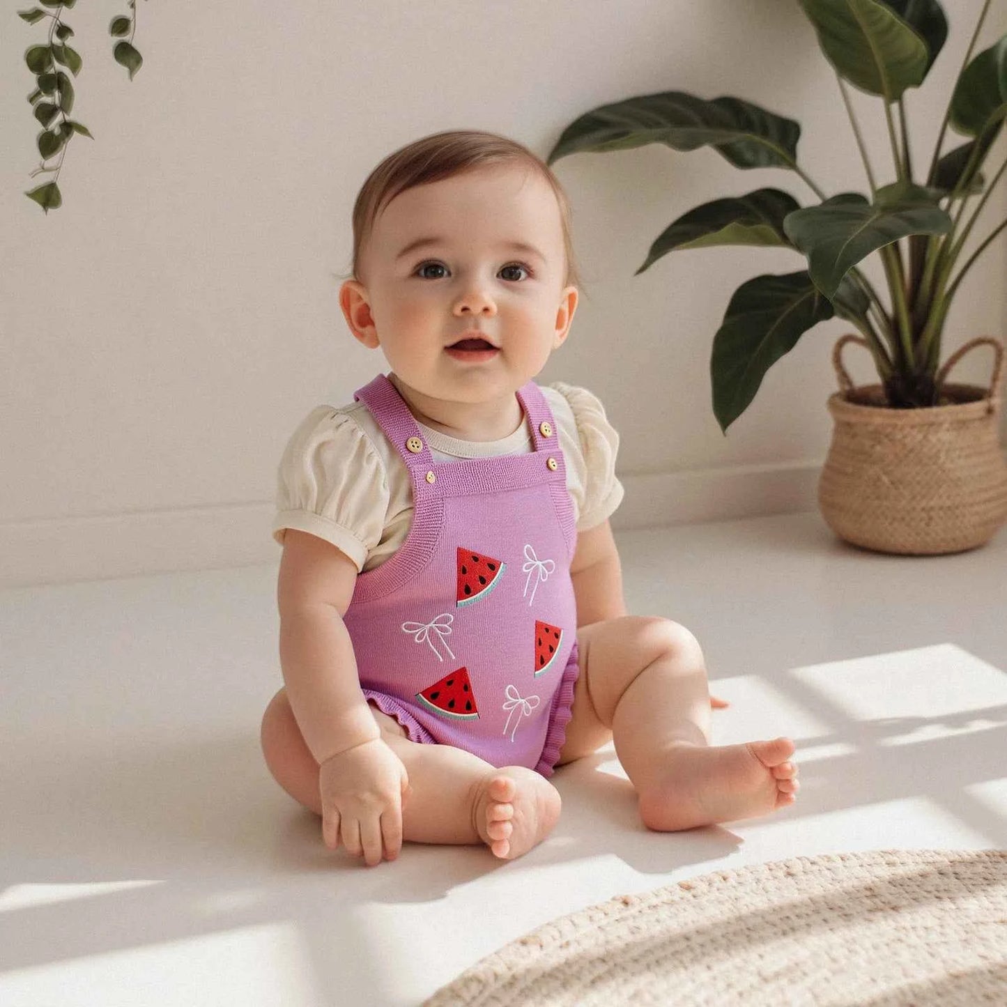 Knitted Floral Bee & Watermelon Rompers Set