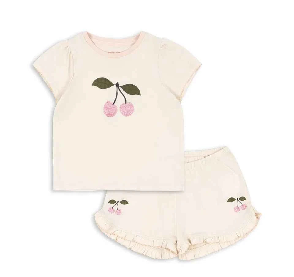 Cotton Cream Cherry Embroidered Top & Ruffle Shorts Set