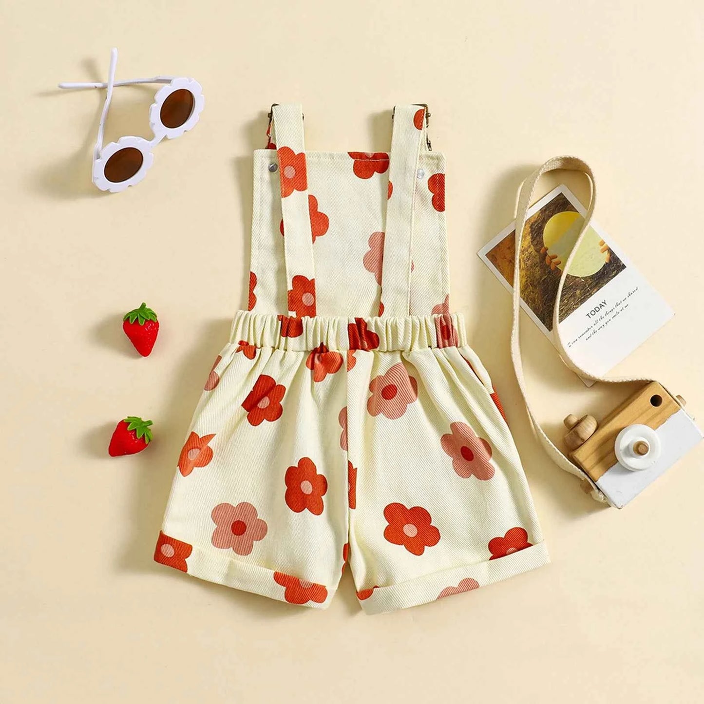Cotton Floral & Strawberry Adjustable Strap Short Overalls