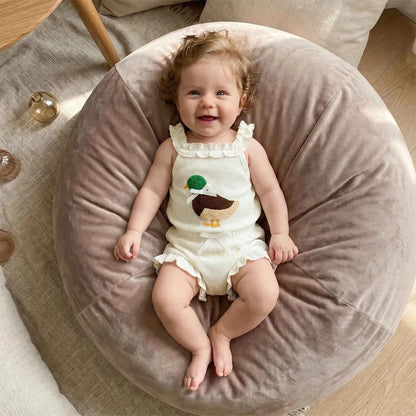 Cotton White Ruffle Duck Applique Romper With Shorts Set