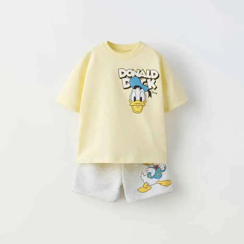 Cotton Donald Duck Yellow Tee & Grey/Black Shorts Set