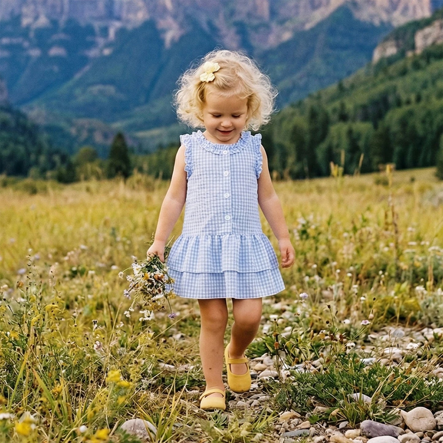 Gingham Ruffle Sleeve Button Tiered Dress