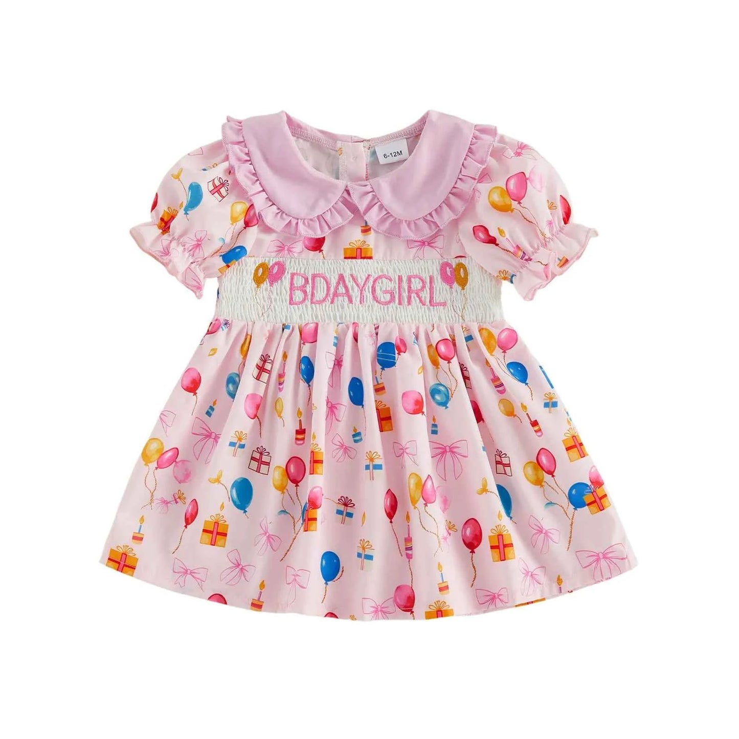 Cotton Pink Smocked Bday Dress With Balloon & Gift Print