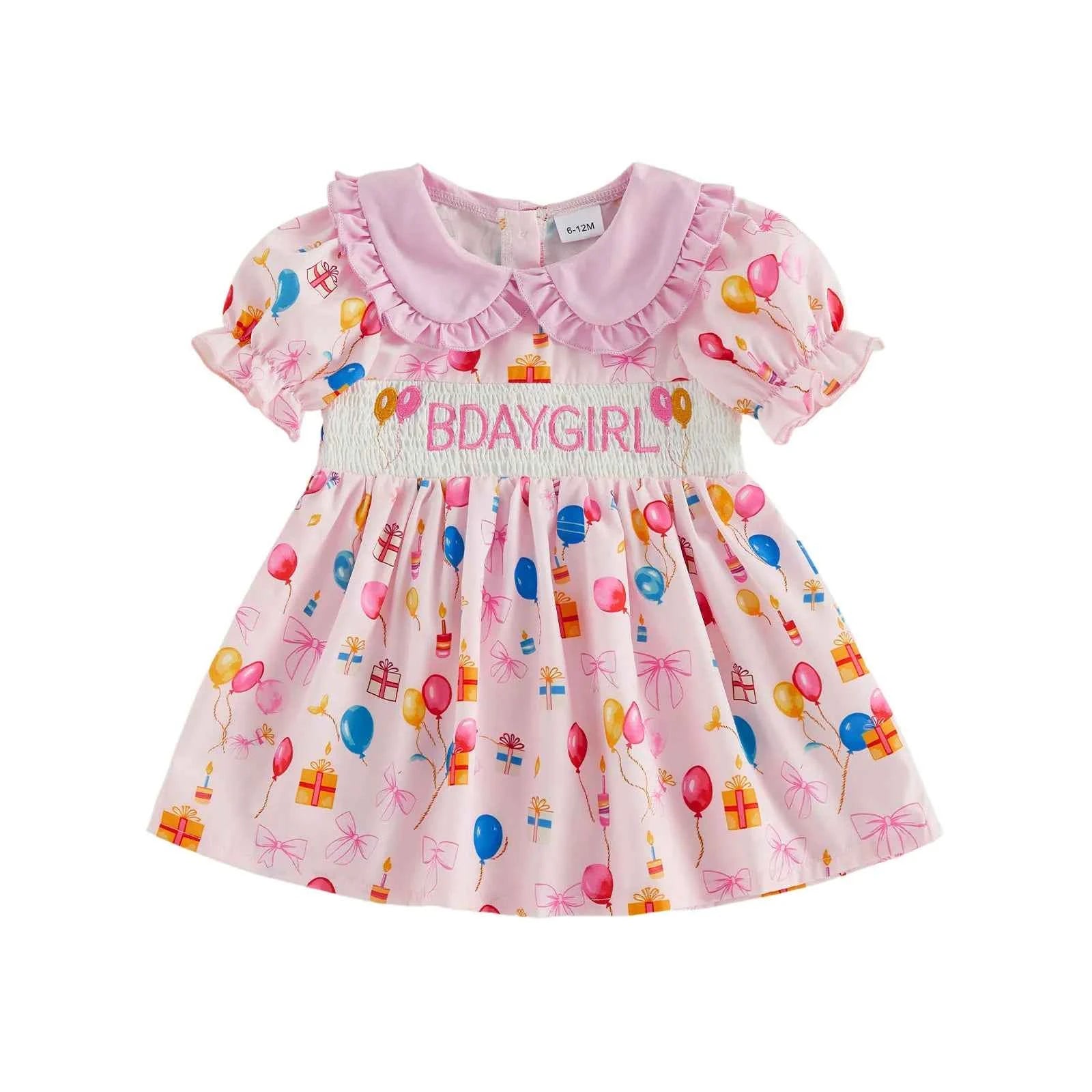 Cotton Pink Smocked Bday Dress With Balloon & Gift Print