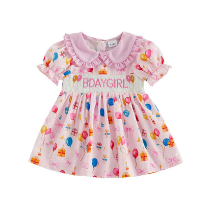 Cotton Pink Smocked Bday Dress With Balloon & Gift Print