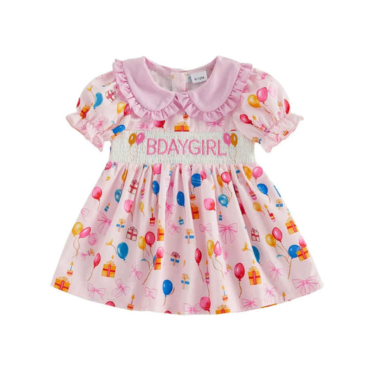 Cotton Pink Smocked Bday Dress With Balloon & Gift Print